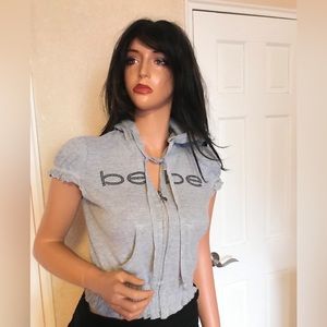 Bebe gray short sleeve hoodie with crystals and heart ornament. Like new, sz M.